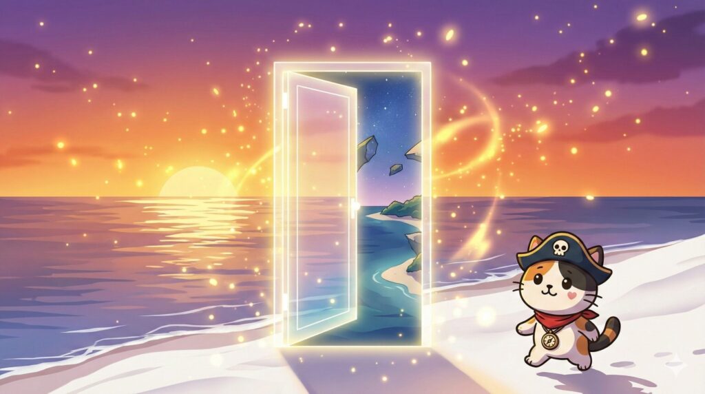 無人島の光る扉へ進むココロ船長
