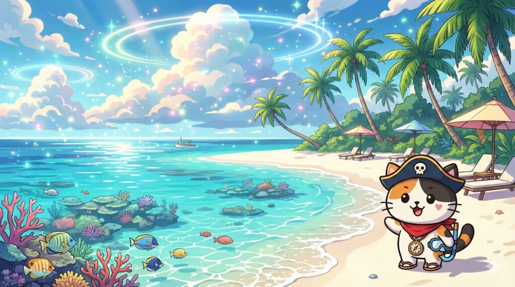 無人島ビーチで遊ぶココロ船長
