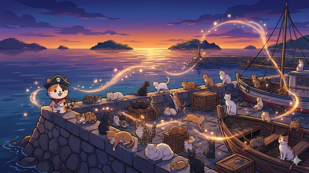 港の猫たちとココロ船長
