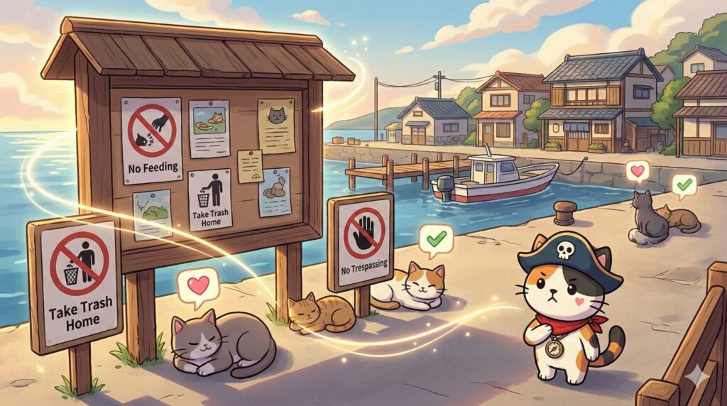 猫島マナー看板とココロ船長
