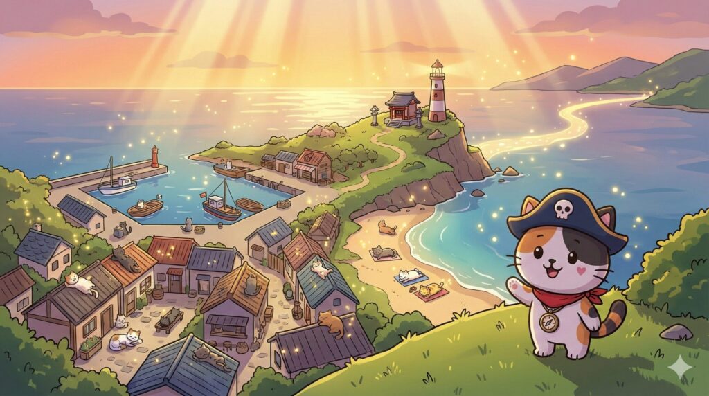 猫島全景とココロ船長
