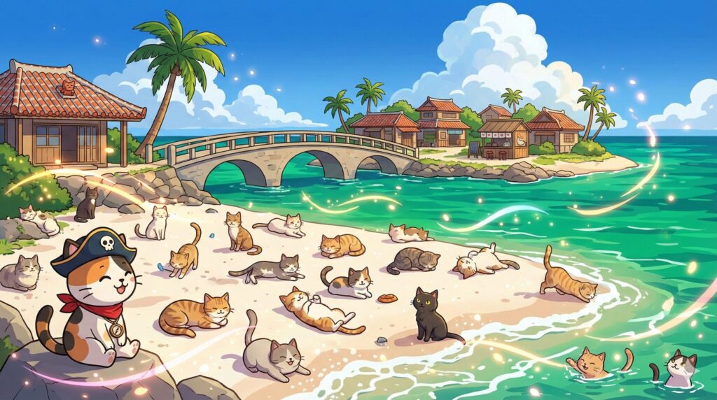 沖縄の海辺とココロ船長
