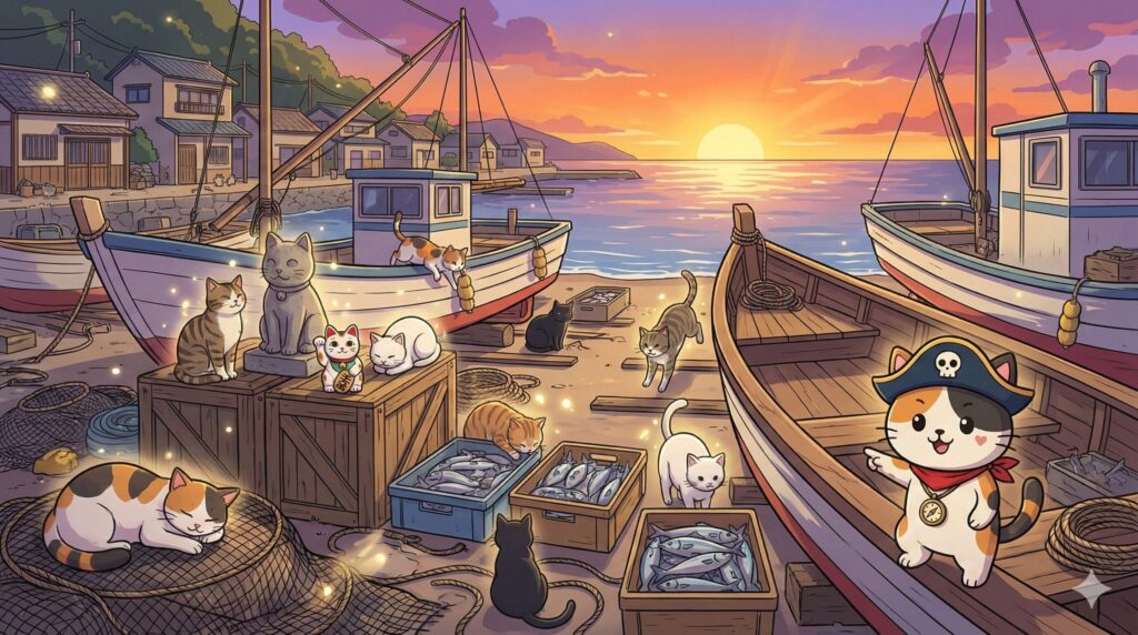 漁村の猫とココロ船長
