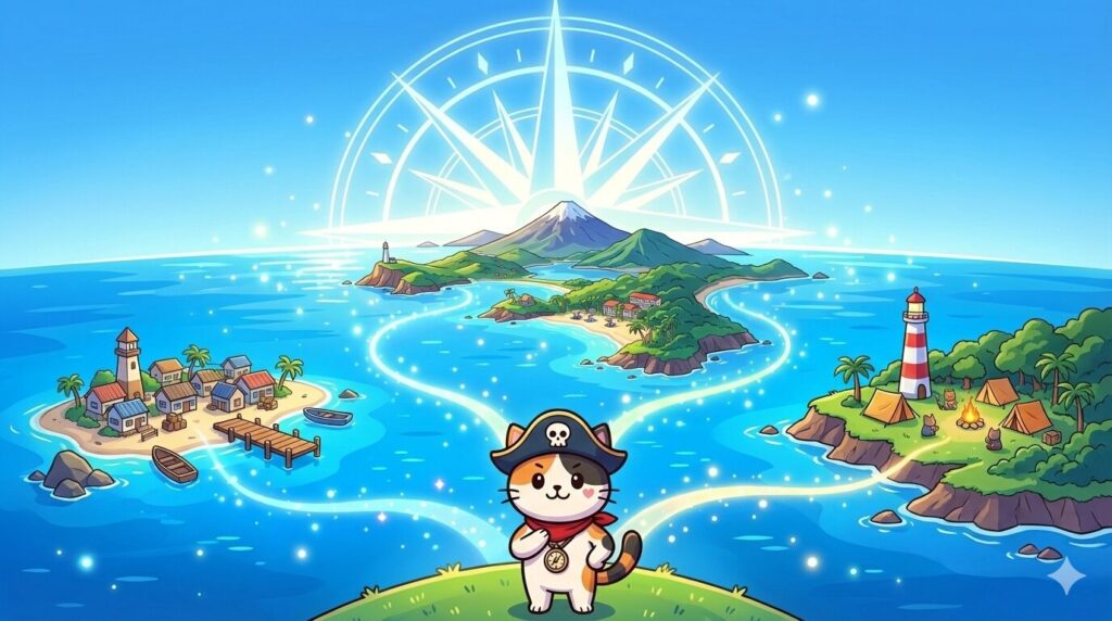 島々を見つめるココロ船長
