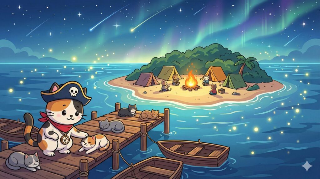 猫島で遊ぶココロ船長
