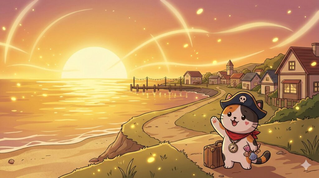 夕焼けの浜辺とココロ船長
