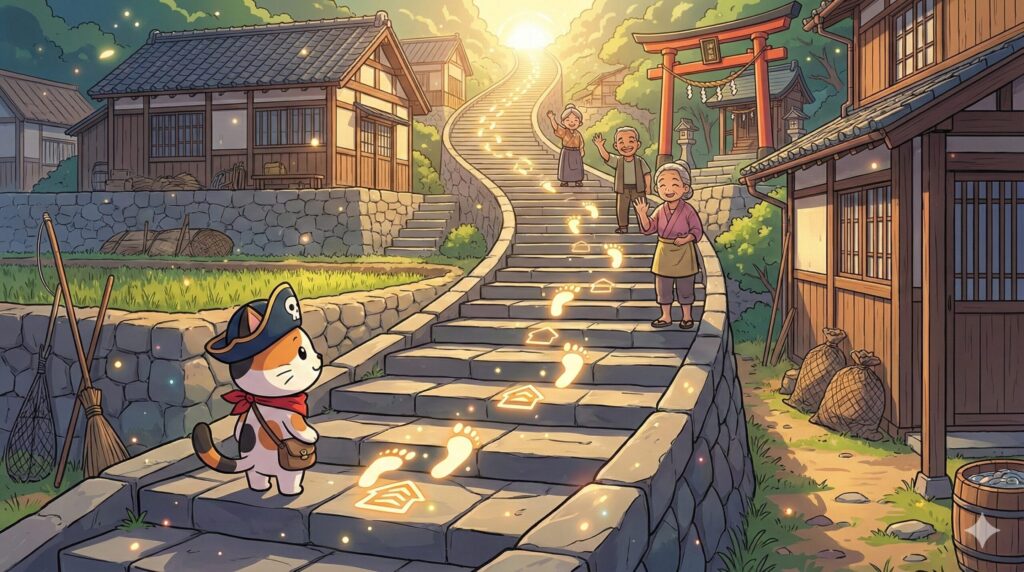 石段を見上げるココロ船長
