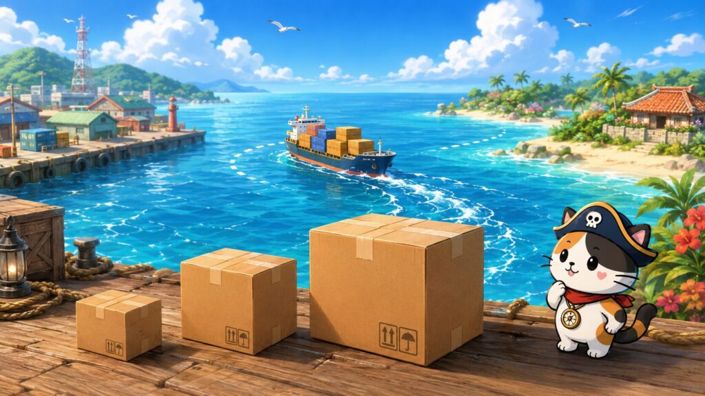 関東の港から沖縄の島へ向かう航路とサイズ別の荷物を通して、送料比較を表した画像