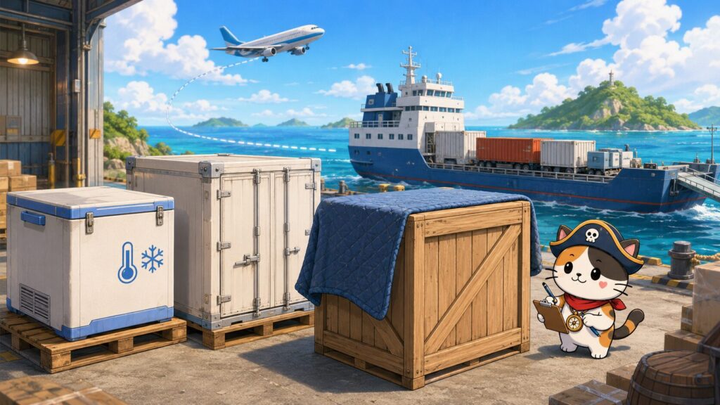 港の倉庫に置かれた保冷箱と大型荷物で、離島配送の条件確認を表した画像