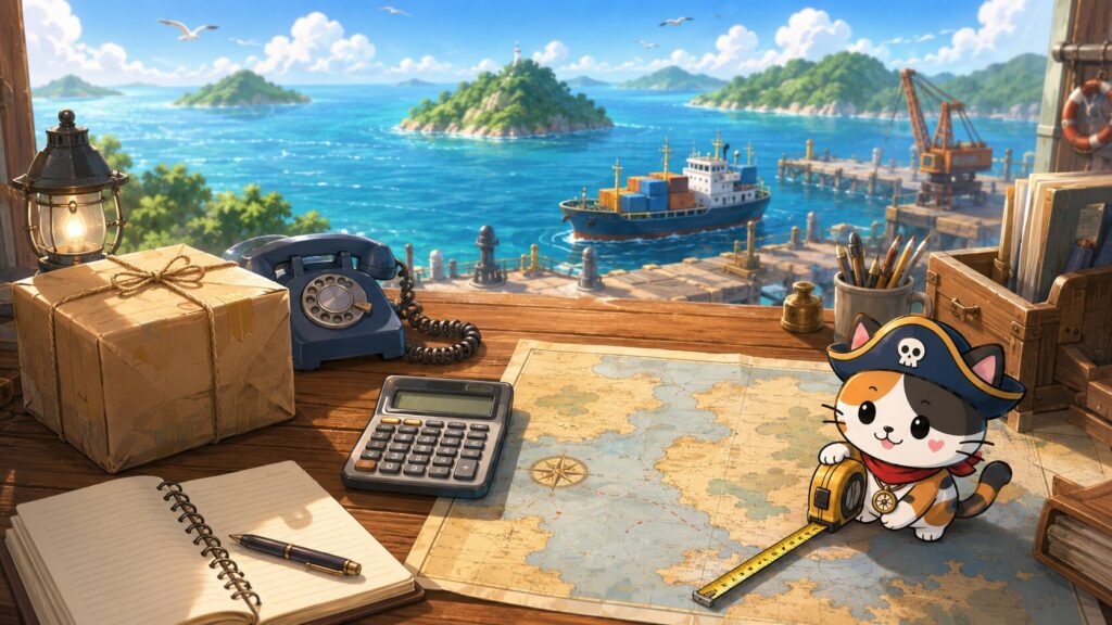 海図や荷物、メジャー、電話を使って離島中継料金を確認する手順を表した画像