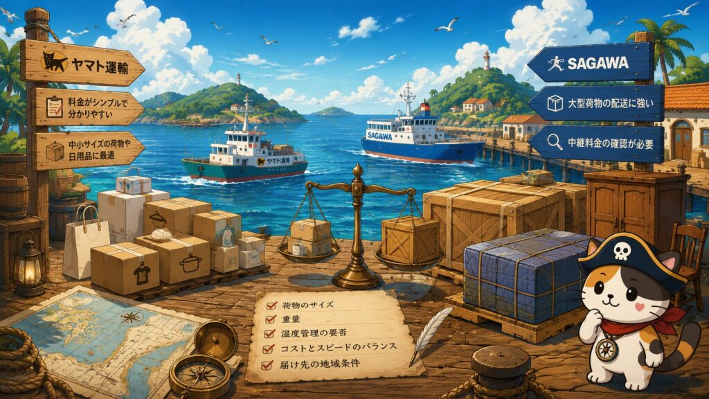 小型荷物と大型荷物を港で見比べながら、離島配送で配送会社を使い分ける考え方を表した画像