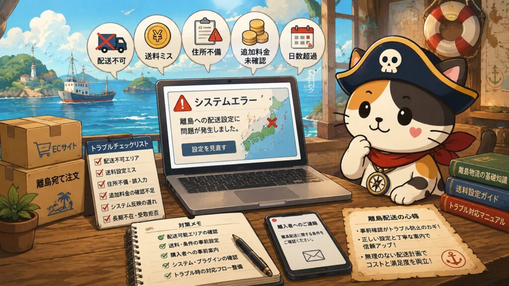 ECサイトの管理画面で離島配送の設定エラーや追加送料トラブルを確認する様子を表した画像