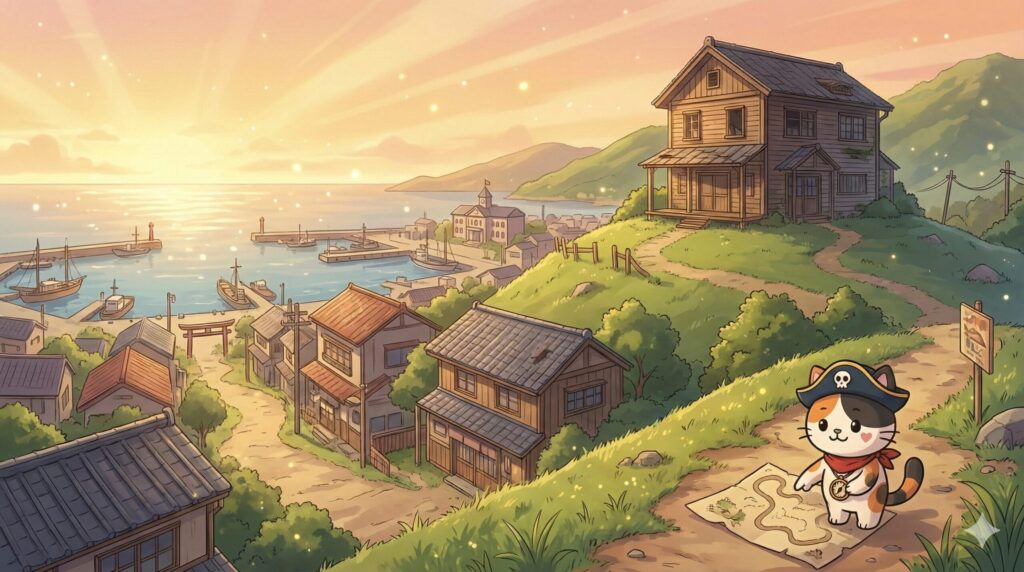 島の全景を背景に地図で手順を確認するココロ船長
