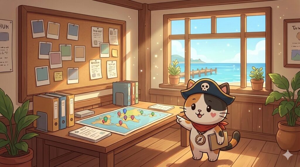 離島の役場の相談コーナーで、掲示板や地図を見ながら空き家バンクを確認するココロ船長
