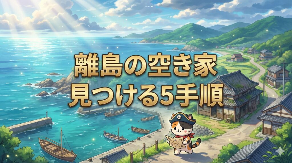 離島の港町の風景の中で、地図を手に空き家を探して歩くココロ船長