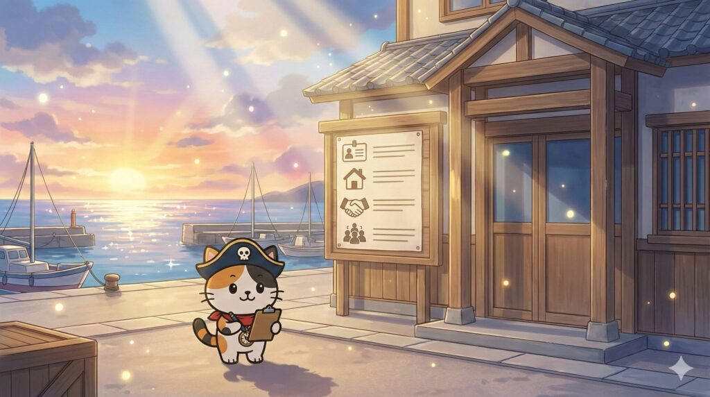 役場前のチェックボードを見ながら申込準備をしているココロ船長
