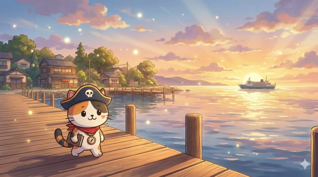 夕焼けの離島の桟橋を歩きながら、信頼を積み重ねて家探しを続けるココロ船長
