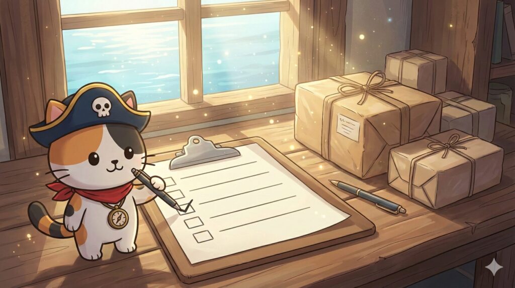 無地のチェックリストを確認しながらペンでチェックしているココロ船長と、横に置かれた荷物
