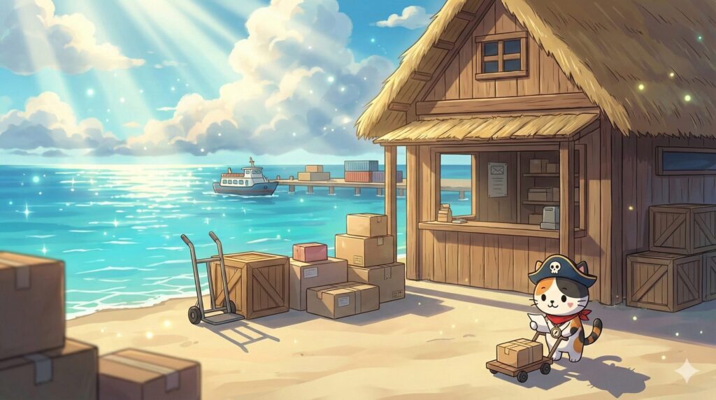 港の発送カウンター近くで小さな台車を押しながら荷物を運んでいるココロ船長と、奥に広がる離島の海とフェリーの風景
