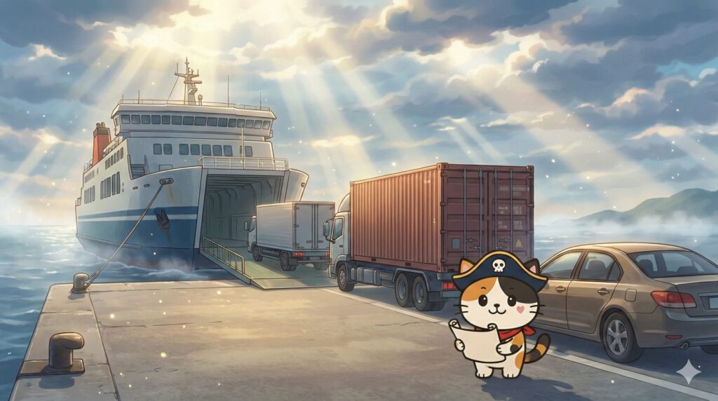 港でコンテナと車と荷物を見比べながら輸送計画を立てているココロ船長
