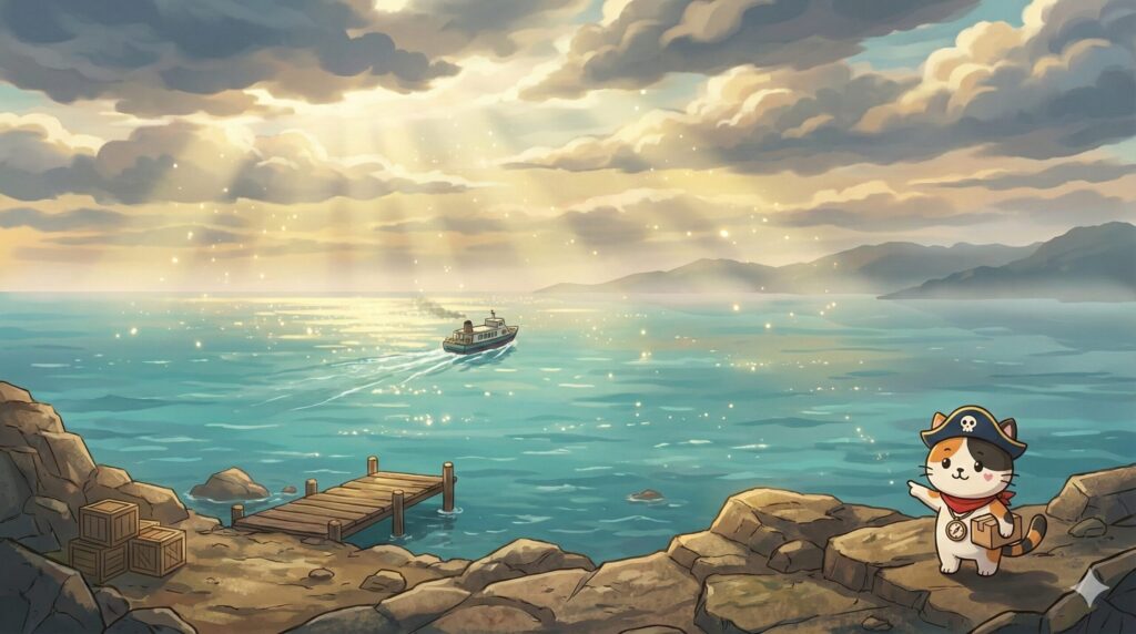 遠くのフェリー航路を指さしながら小包を抱えているココロ船長と、海を渡る物流ルートを感じる離島の大パノラマ
