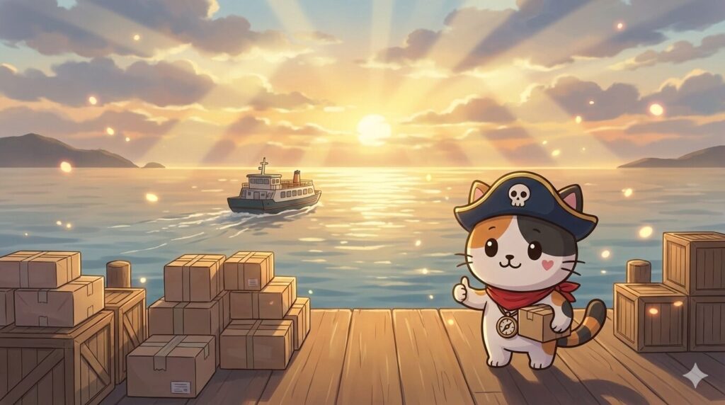 夕焼けの港で小包を抱えてうなずきながら締めくくっているココロ船長と、遠ざかるフェリーの景色
