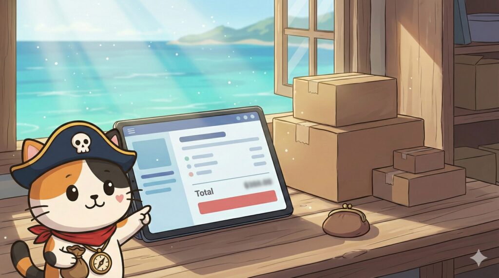 海が見える部屋で通販画面の最終金額を指さし確認しているココロ船長と、横に積まれた段ボール
