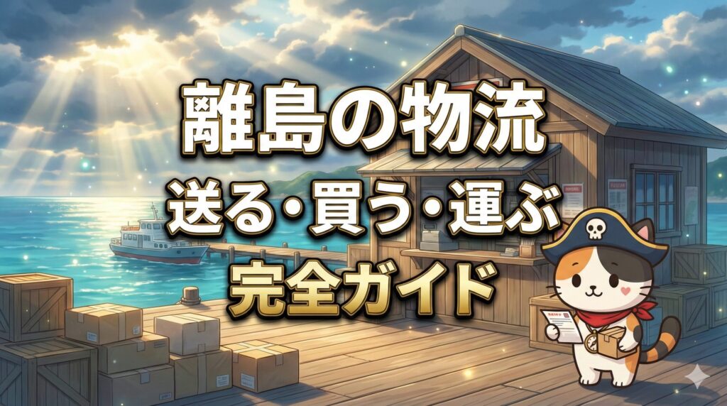 港近くの離島の荷物カウンター前で小包を運びながら案内するココロ船長のサムネイル画像