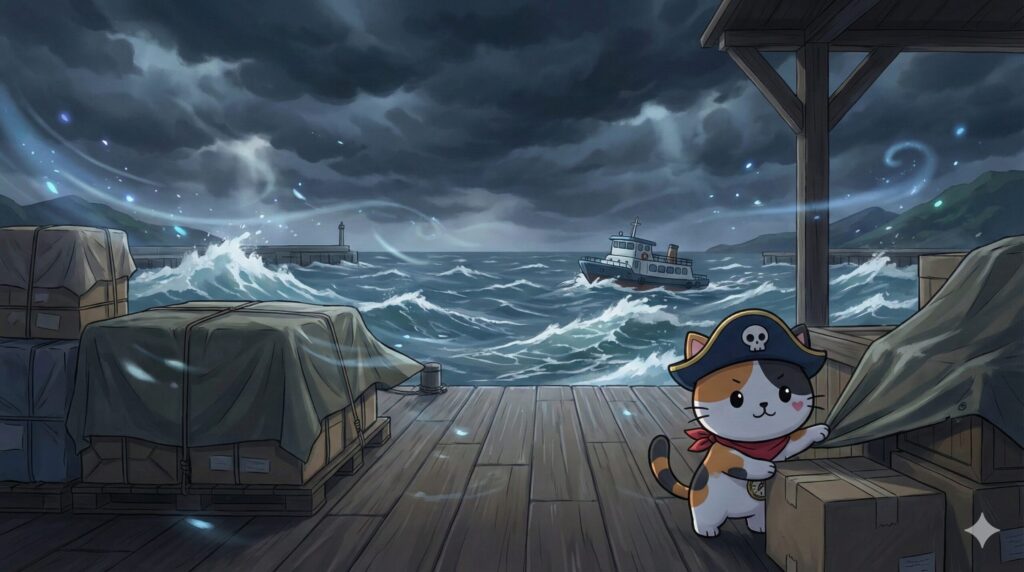 荒れた港で荷物を守りながら欠航リスクを感じているココロ船長と、嵐の海の風景
