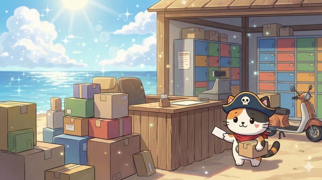 荷物を受け取りながら発送窓口で確認しているココロ船長と、海辺の小さな配送拠点の風景

