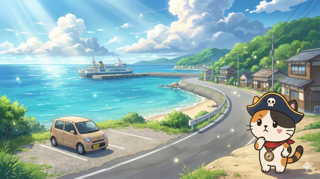 離島の港町の海沿い道路を見渡しながら、移動手段を考えているココロ船長
