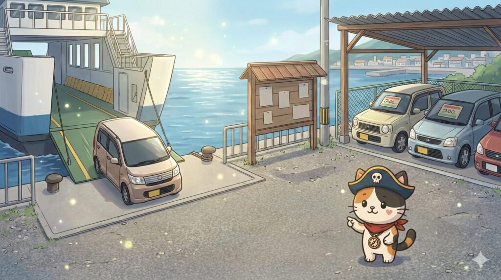 離島の港で輸送と現地購入を見比べながら、車の調達方法を考えているココロ船長
