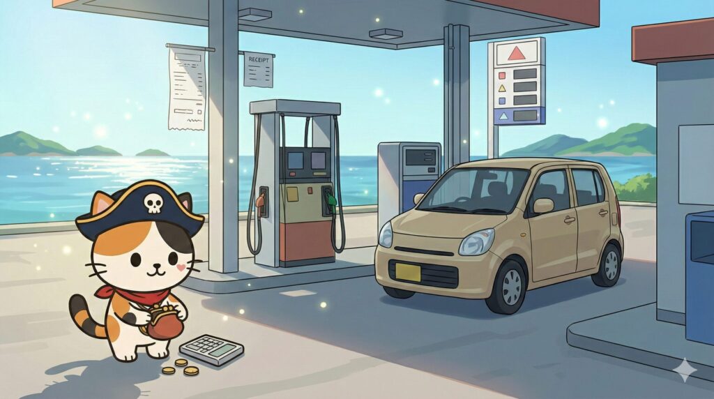 離島の小さなガソリンスタンドで維持費を意識しながら考え込んでいるココロ船長
