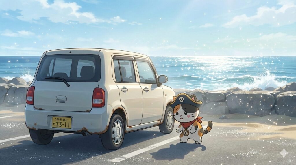 海沿いの駐車場で車の下回りを気にしながら、塩害を警戒しているココロ船長
