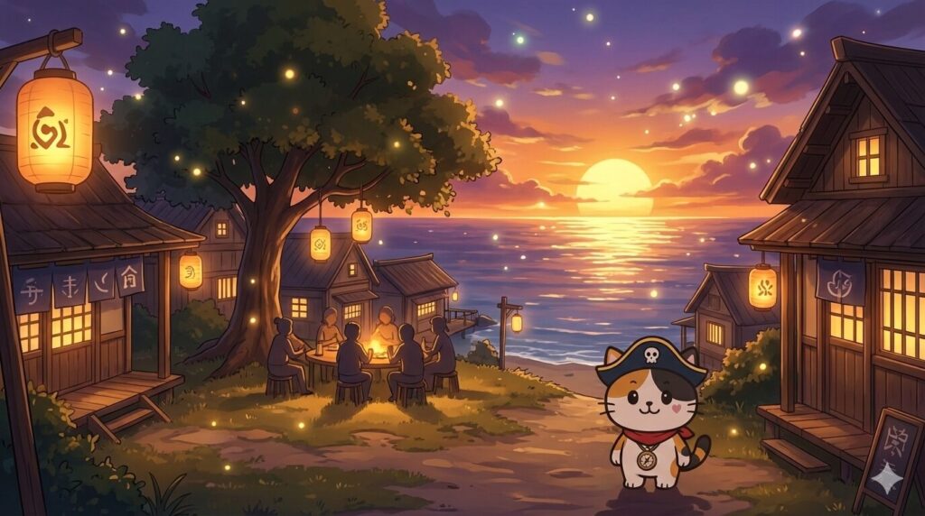 夕暮れの集落で輪のそばに立ち、島のつながりを感じているココロ船長の見出し画像
