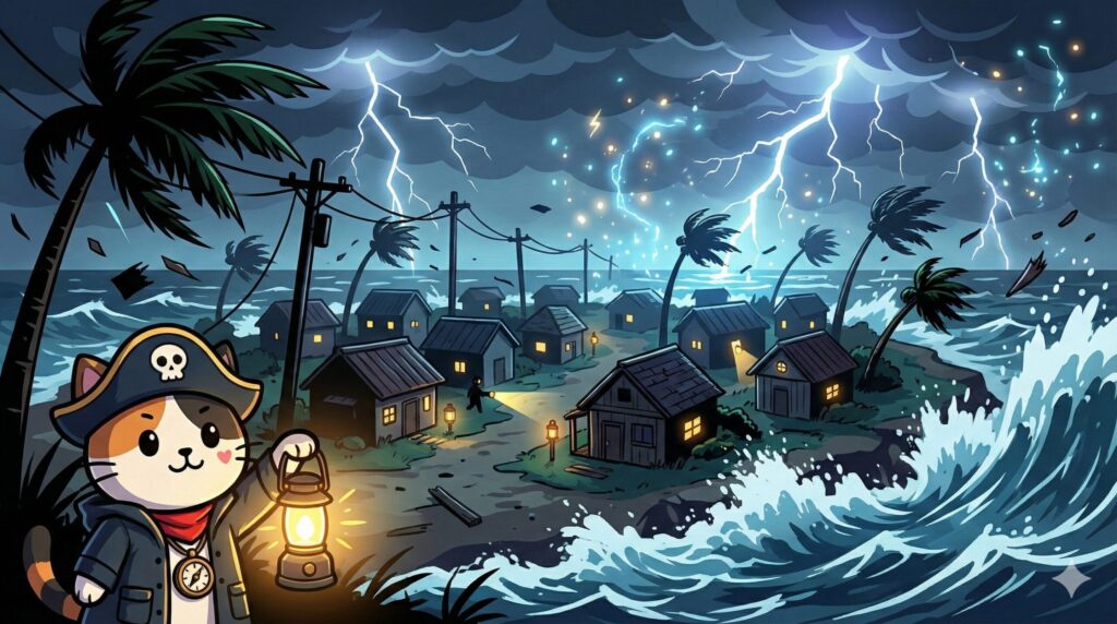 台風停電とココロ船長
