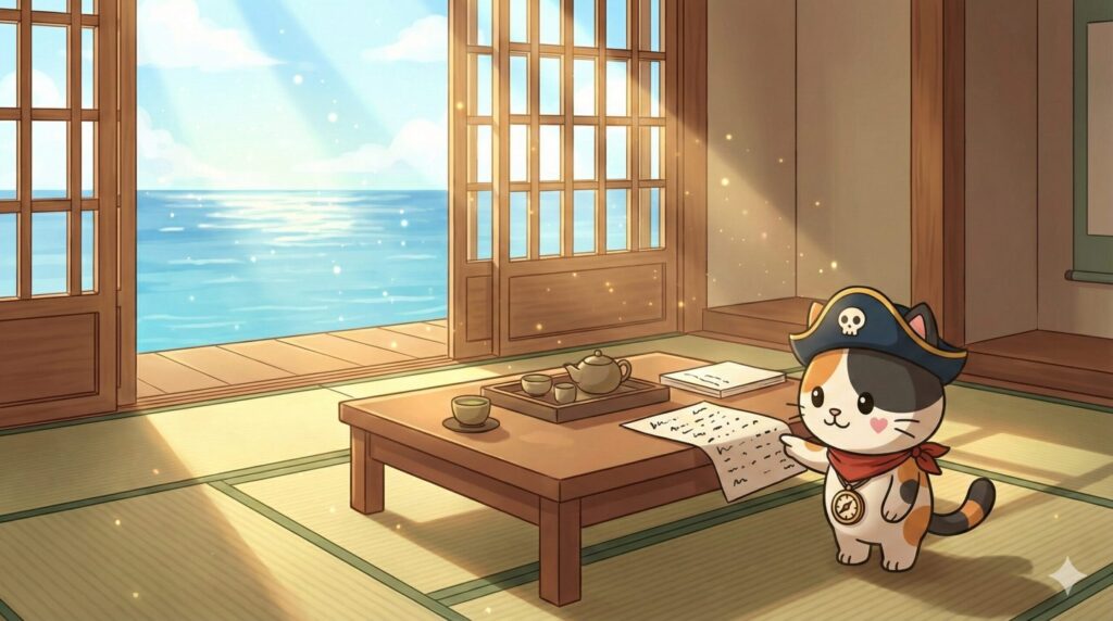 島の家の室内で契約の確認をしているココロ船長
