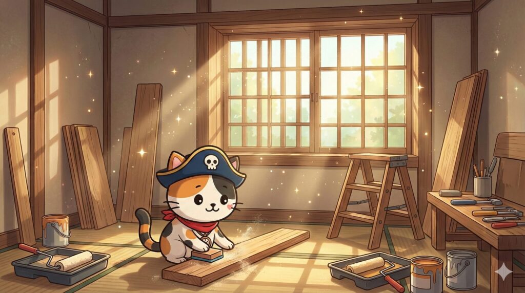 古民家の室内でDIY作業をしているココロ船長と、光が差し込む離島のリノベ風景の見出し画像
