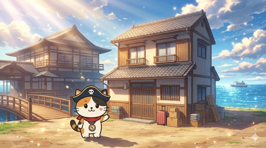 寮のある職場エリアを示しながら案内しているココロ船長の見出し画像。
