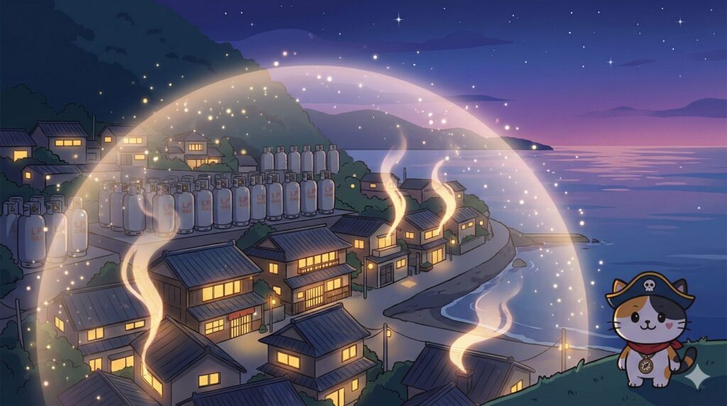 島の夜景とガスとココロ船長
