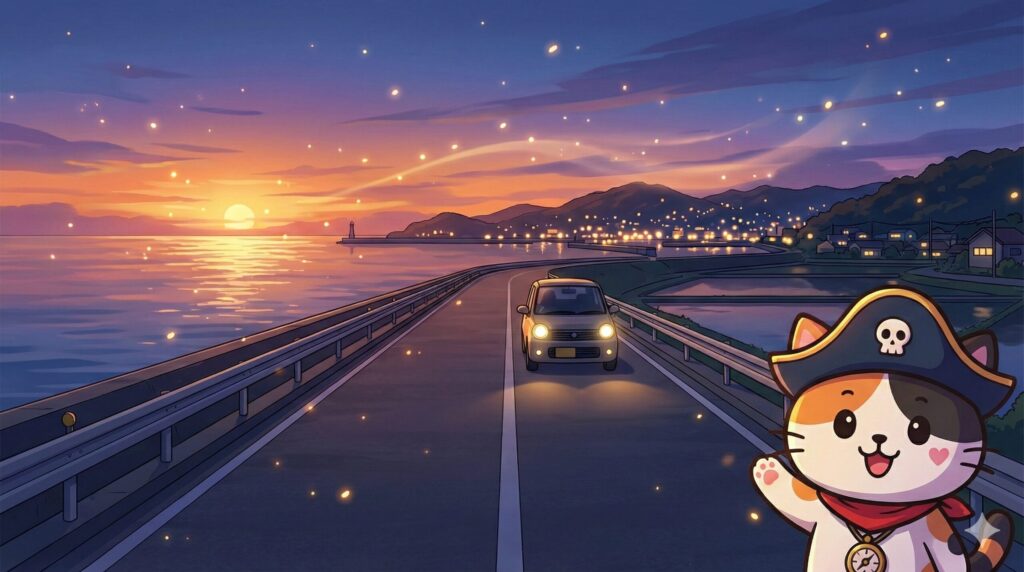 夕景ロードとココロ船長
