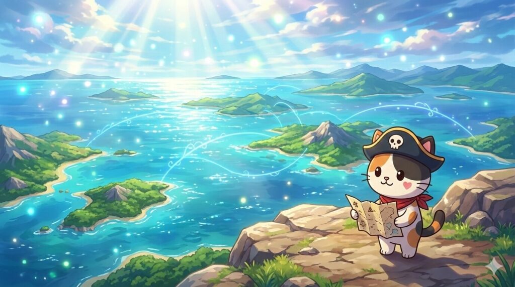 多島美の絶景を前に行き先を考えているココロ船長
