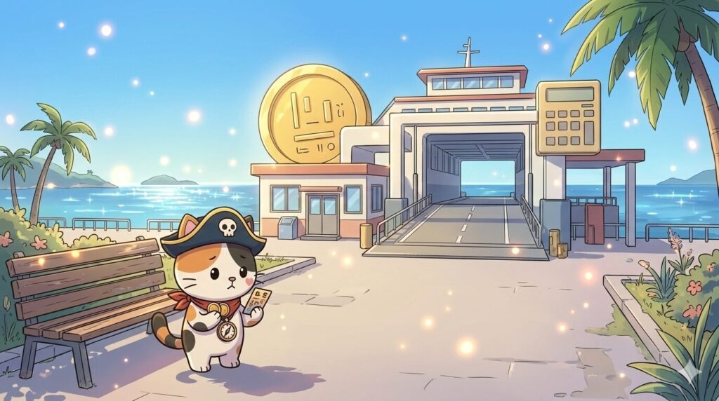 港のベンチで費用を確認しているココロ船長
