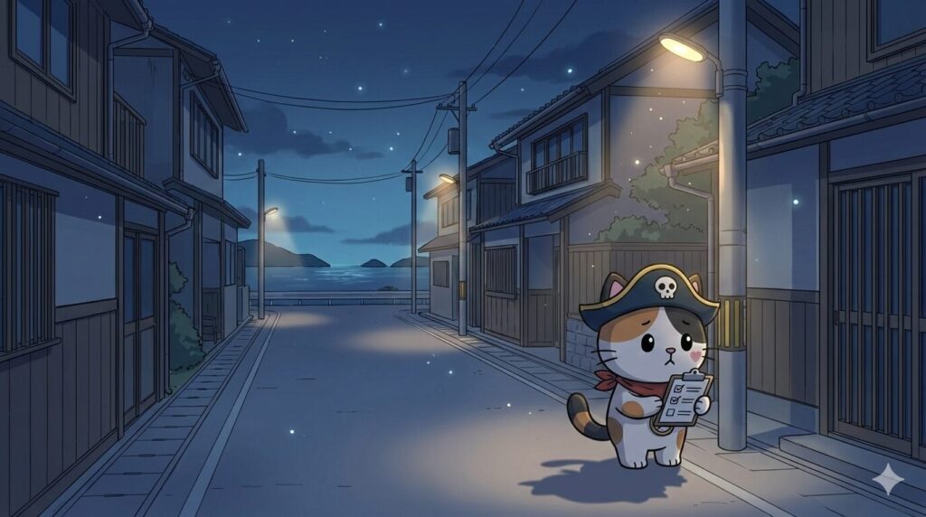 島の夜の雰囲気の中で注意点を確認するココロ船長
