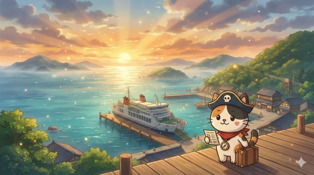 離島の港の絶景の前で旅程を確認しているココロ船長
