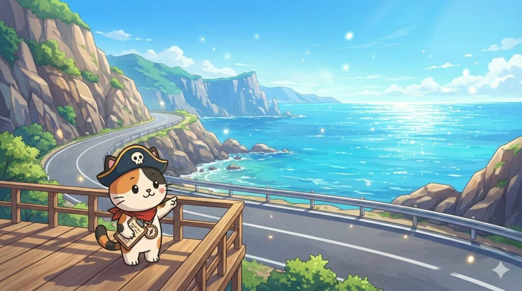 海沿いの島道を背景にメリットを思い描くココロ船長
