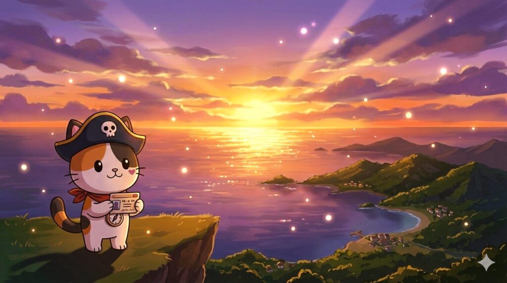 夕焼けの絶景を背景に達成感を味わうココロ船長
