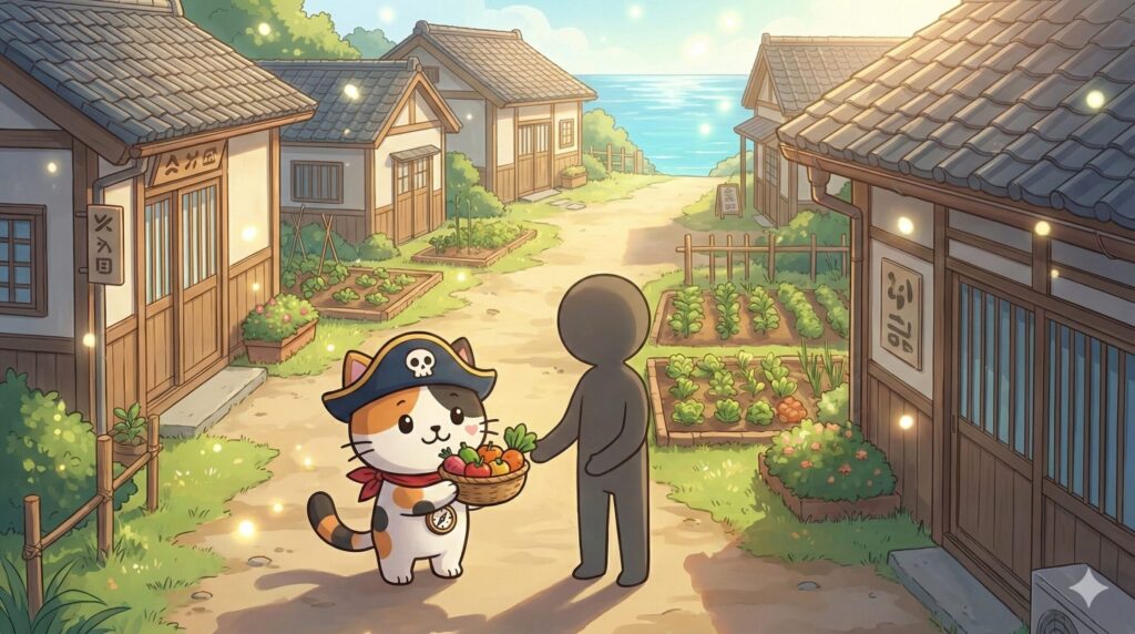 離島の道端でお裾分けを渡し、丁寧に交流しているココロ船長の見出し画像
