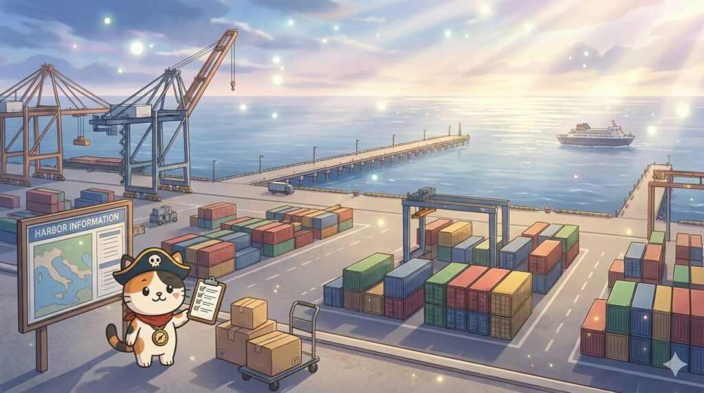 港の案内板のそばでクリップボードの質問チェックリストを指さして確認しているココロ船長
