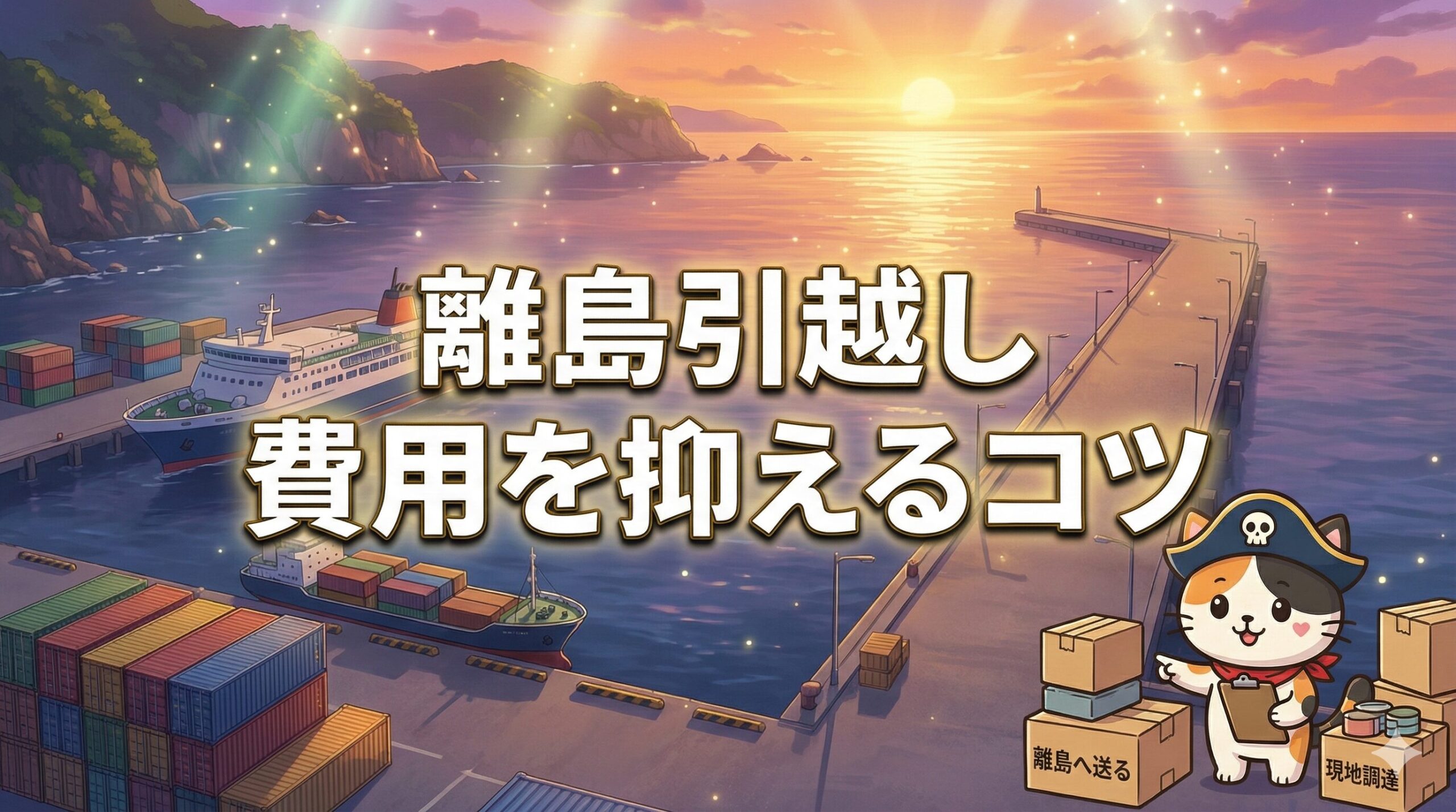 夕焼けの離島の港で引越し荷物を仕分けして節約準備をしているココロ船長